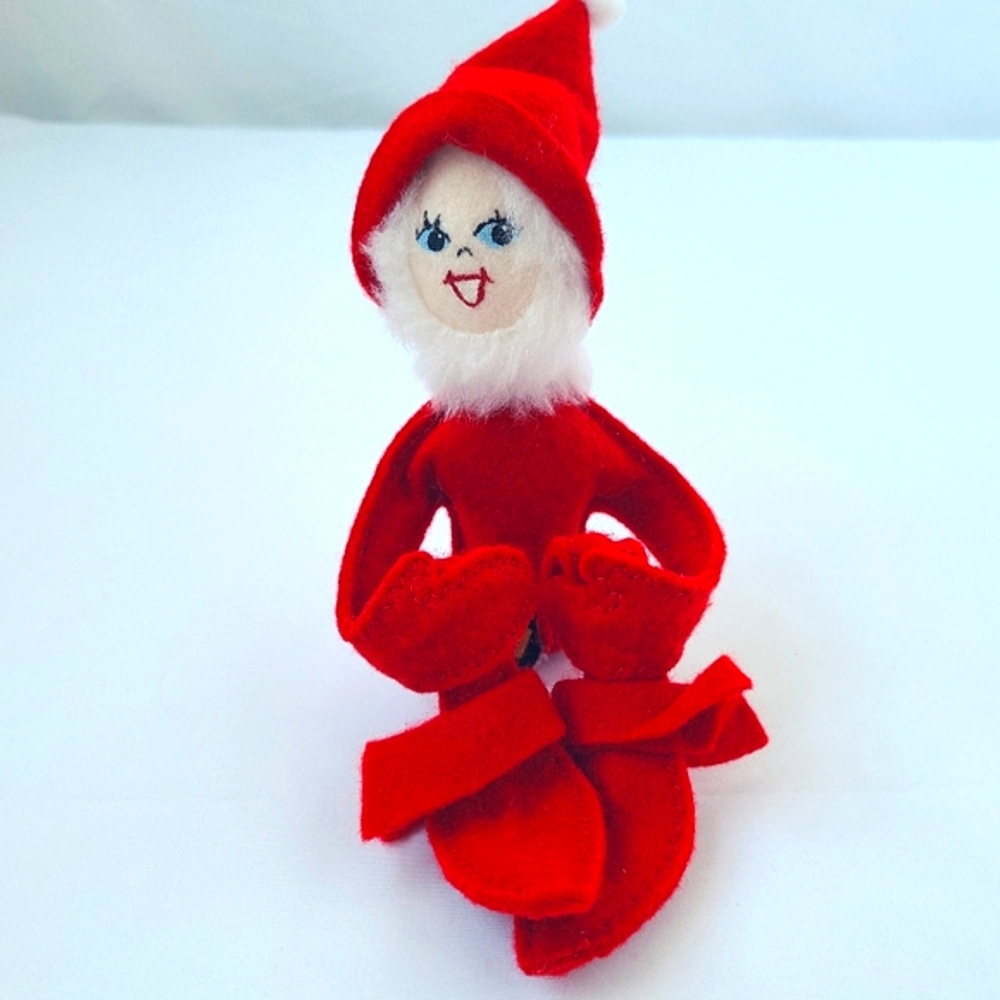 Vintage Christmas Elf Knee Hugger Poseable Shelf Sitter Red Felt Santa Pixie 12"